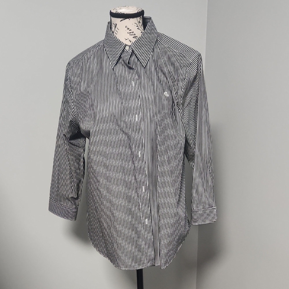 RALPH LAUREN Classic Gray and White Striped Women's Shirt